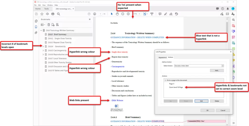 Check and validate ToC, blue text, hyperlink colors, web links and all non-compliant elements in your PDF files